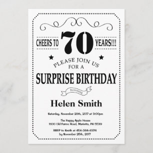 Surprise 70th Birthday Invitation Black and White Kaart