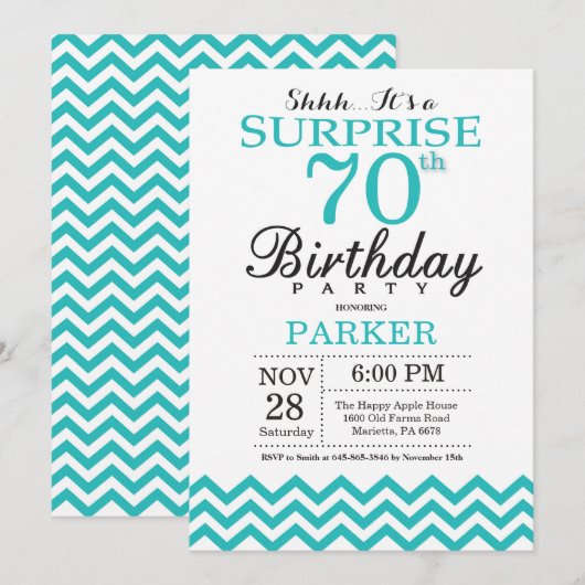 Surprise 70th Birthday Invitation Blauwgroen Chevr Kaart (Voorkant / Achterkant)
