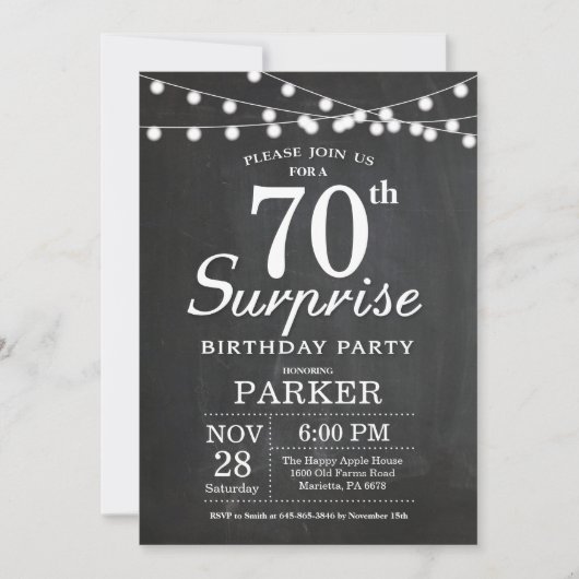 Surprise 70th Birthday Invitation Chalkboard Kaart (Voorkant)