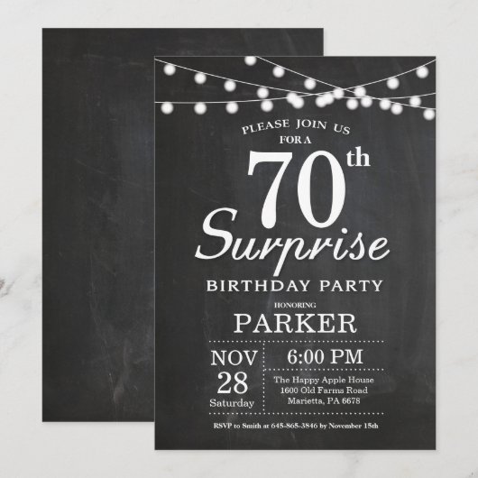 Surprise 70th Birthday Invitation Chalkboard Kaart (Voorkant / Achterkant)