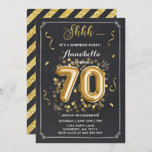 Surprise 70th Birthday Invitation Gold Chalkboard Kaart