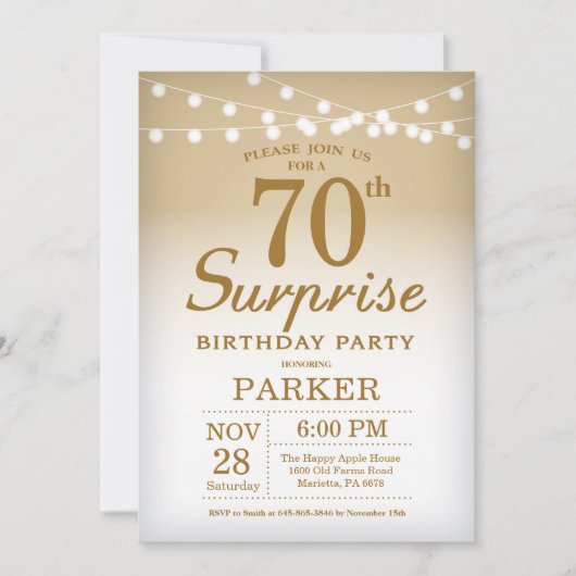 Surprise - 70th Birthday Invitation Gold Kaart (Voorkant)