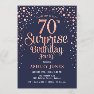 Surprise 70th Birthday Party - Navy & Roos Gold Kaart