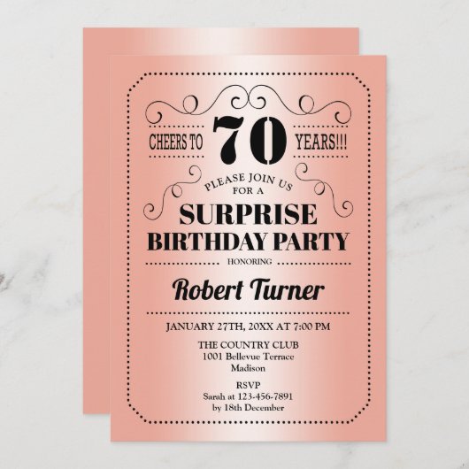 Surprise 70th Birthday - Roos Goud Zwart Kaart (Voorkant / Achterkant)