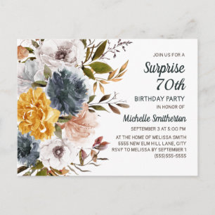 Surprise 70th Birthday Yellow Navy Blue Floral Briefkaart