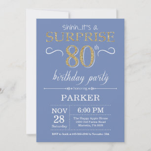 Surprise 80e anniversaire Invitation Bleu et or