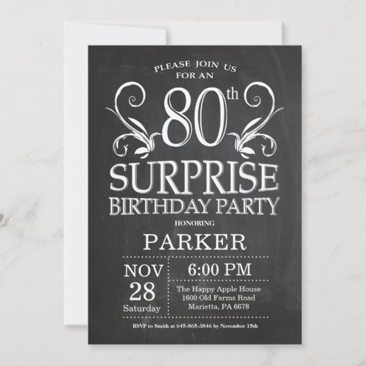 Surprise 80e anniversaire Invitation Chalkboard (Devant)