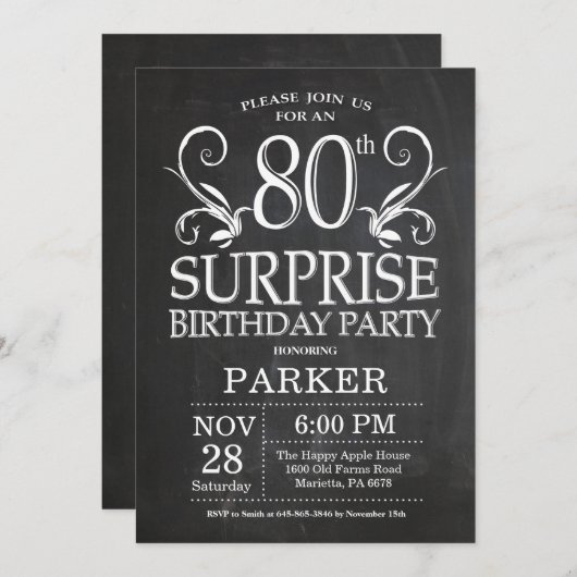 Surprise 80e anniversaire Invitation Chalkboard (Devant / Derrière)