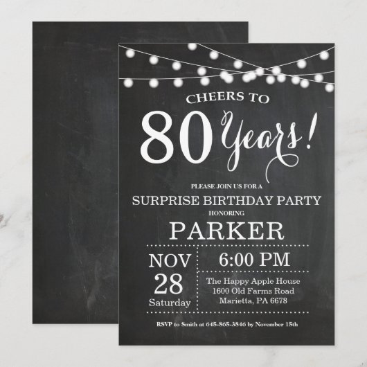 Surprise 80e anniversaire Invitation Chalkboard (Devant / Derrière)