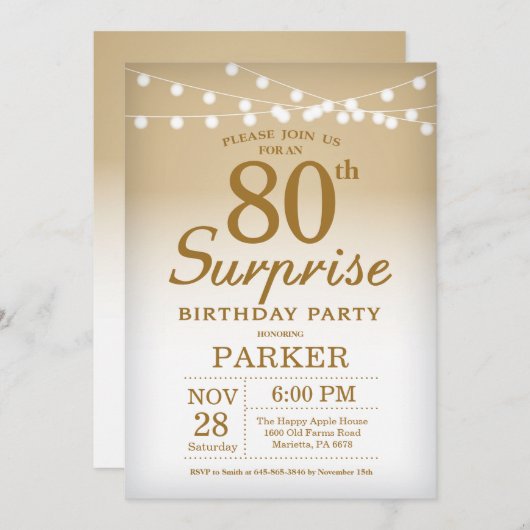 Surprise 80e anniversaire Invitation Gold (Devant / Derrière)