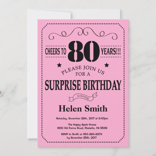 Surprise 80e anniversaire Invitation noir et rose (Devant)