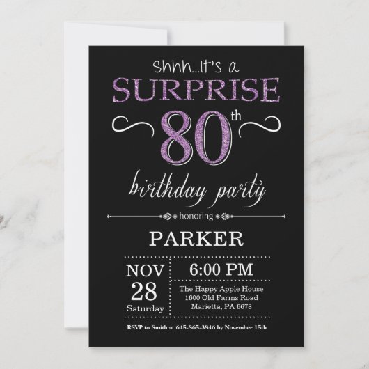 Surprise 80e anniversaire Invitation noir et viole (Devant)