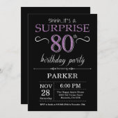 Surprise 80e anniversaire Invitation noir et viole (Devant / Derrière)