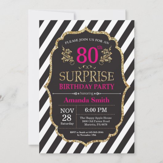 Surprise 80e anniversaire Invitation Pink Black Go (Devant)