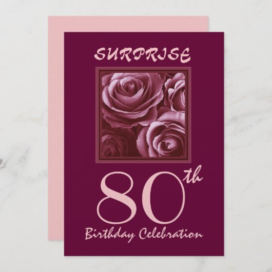 SURPRISE 80e anniversaire Invitation Roses violets (Devant / Derrière)