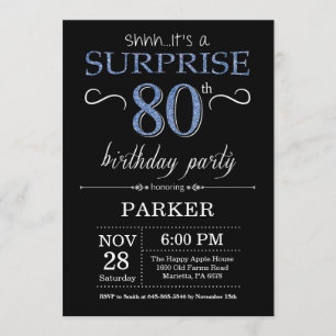 Surprise 80th Birthday Invitation Black and Blue Kaart