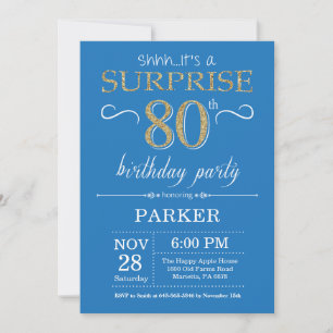 Surprise 80th Birthday Invitation Blue en Gold Kaart