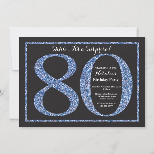 Surprise 80th Birthday Invitation Blue Glitter Kaart (Voorkant)