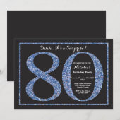 Surprise 80th Birthday Invitation Blue Glitter Kaart (Voorkant / Achterkant)