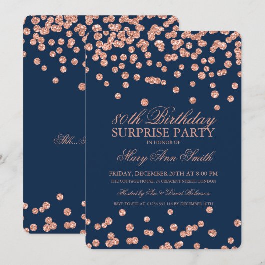 Surprise 80th Birthday Roos Gold Glitter Navy Blue Kaart (Voorkant / Achterkant)
