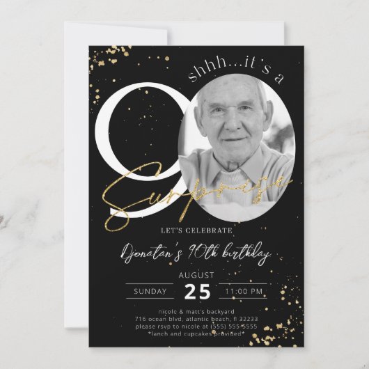 Surprise 90e anniversaire Black Gold Invitation ph (Devant)