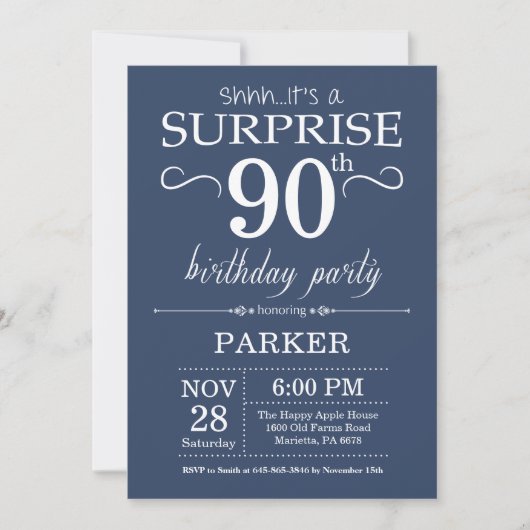 Surprise 90e anniversaire Invitation Bleu (Devant)