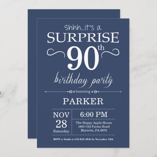 Surprise 90e anniversaire Invitation Bleu (Devant / Derrière)