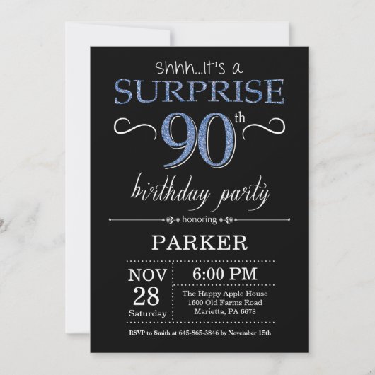 Surprise 90e anniversaire Invitation noir et bleu (Devant)