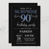 Surprise 90e anniversaire Invitation noir et bleu (Devant / Derrière)