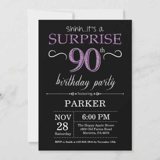Surprise 90e anniversaire Invitation noir et viole (Devant)
