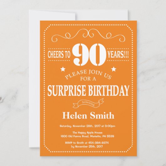 Surprise 90e anniversaire Invitation Orange et bla (Devant)