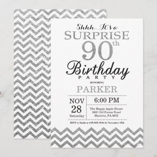 Surprise 90e anniversaire Invitation Parties scint (Devant / Derrière)