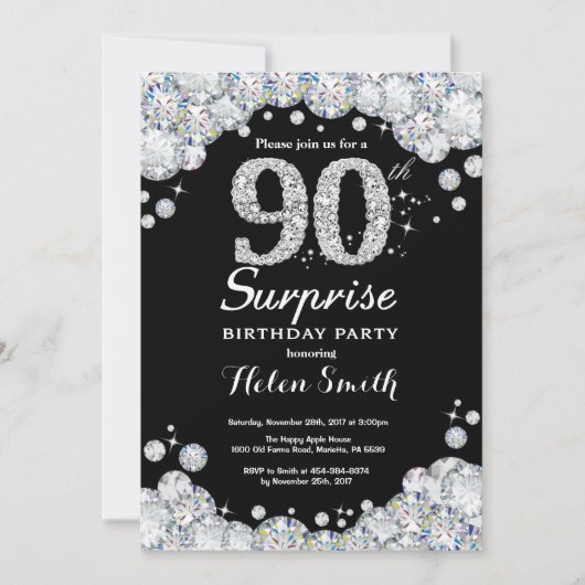 Surprise 90e anniversaire Invitation Silver Diamon (Devant)