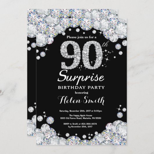 Surprise 90e anniversaire Invitation Silver Diamon (Devant / Derrière)
