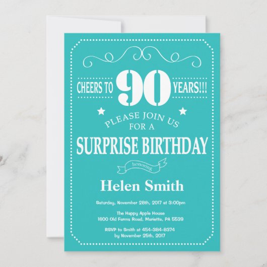 Surprise 90e anniversaire Invitation Turquoise et  (Devant)
