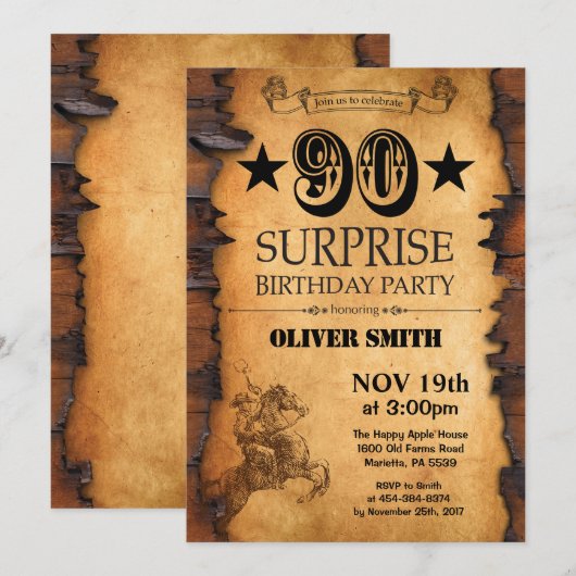 Surprise 90e Invitation Occidentale Anniversaire (Devant / Derrière)