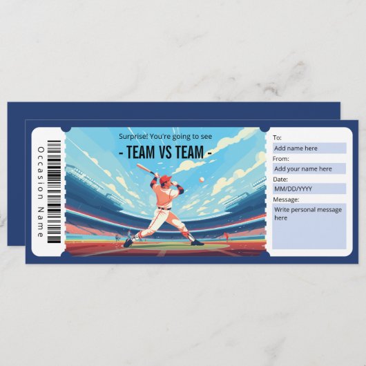 Surprise Baseball Game Ticket Cadeaubon Kaart (Voorkant / Achterkant)