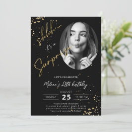 Surprise Birthday Black Gold Photo Invitation Kaar Kaart