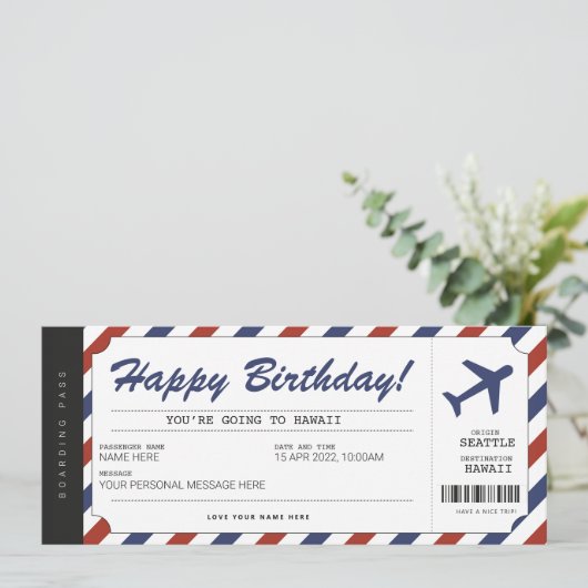 Surprise Birthday boarding Pass Plane Cadeet Ticke Kaart (Staand voorkant)