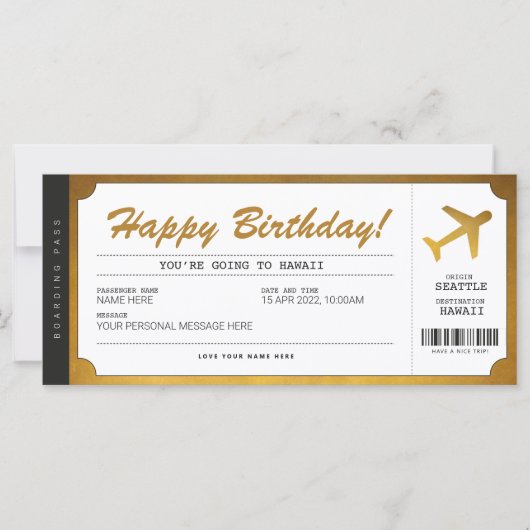 Surprise Birthday boarding Pass Plane Gold Ticket (Voorkant)