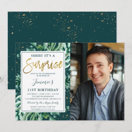Surprise Birthday Chic Greenery Gold Glitter Foto Kaart (Voorkant / Achterkant)