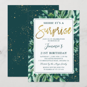 Surprise Birthday Chic Greenery Gold Glitter Kaart