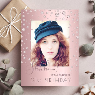 Surprise Birthday dusty roos roze fotouitnodiging Briefkaart
