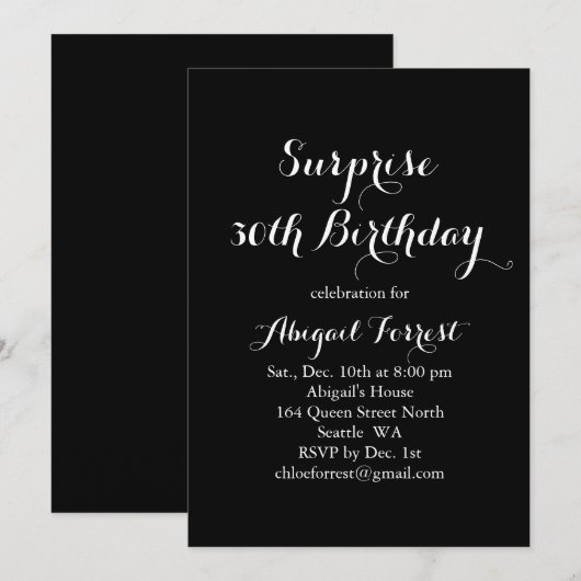 Surprise Birthday Invitation - zwart Kaart (Voorkant / Achterkant)