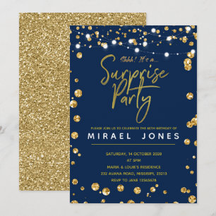 Surprise Birthday Party Invitation card Navy Gold Kaart