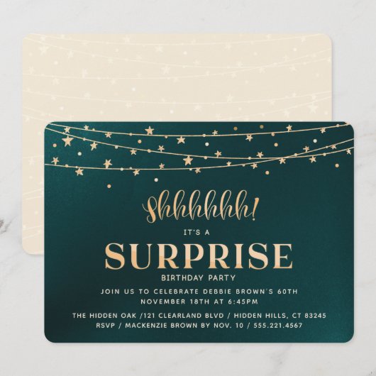 Surprise Birthday Party Invitation, goud Kaart (Voorkant / Achterkant)