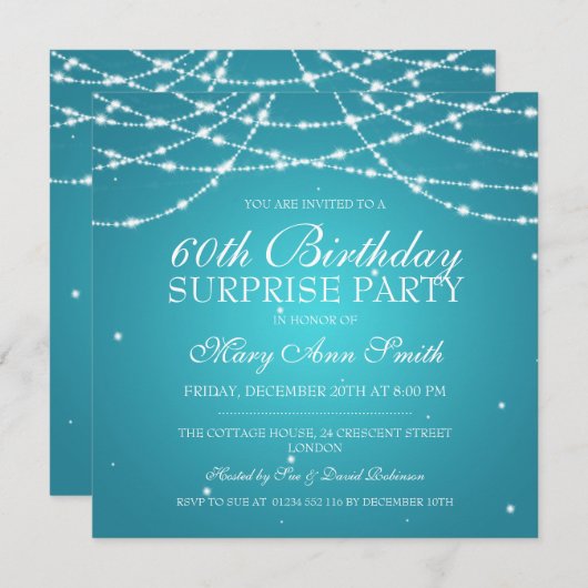 Surprise Birthday Party String of Stars Turquoise Kaart (Voorkant / Achterkant)