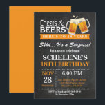 Surprise Cheers and Beers 18th Birthday Invitation<br><div class="desc">Surprise Cheers and Beers 18th Birthday Invitation Card. Anniversaire adulte. Orange. 16ème 18ème 20ème 30ème 40ème 50ème 60ème 70ème 80ème 90ème 100ème. N'Importe Quel Âge. Pour plus de personnalisation,  cliquez sur le bouton "Customiser" et utilisez notre outil de conception pour modifier ce modèle.</div>