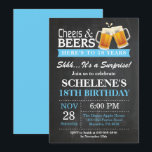 Surprise Cheers and Beers 18th Birthday Invitation<br><div class="desc">Surprise Cheers and Beers 18th Birthday Invitation Card. Anniversaire adulte. Bleu. 16ème 18ème 20ème 30ème 40ème 50ème 60ème 70ème 80ème 90ème 100ème. N'Importe Quel Âge. Pour plus de personnalisation,  cliquez sur le bouton "Customiser" et utilisez notre outil de conception pour modifier ce modèle.</div>