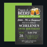 Surprise Cheers and Beers 18th Birthday Invitation<br><div class="desc">Surprise Cheers and Beers 18th Birthday Invitation Card. Anniversaire adulte. Green. 16ème 18ème 20ème 30ème 40ème 50ème 60ème 70ème 80ème 90ème 100ème. N'Importe Quel Âge. Pour plus de personnalisation,  cliquez sur le bouton "Customiser" et utilisez notre outil de conception pour modifier ce modèle.</div>